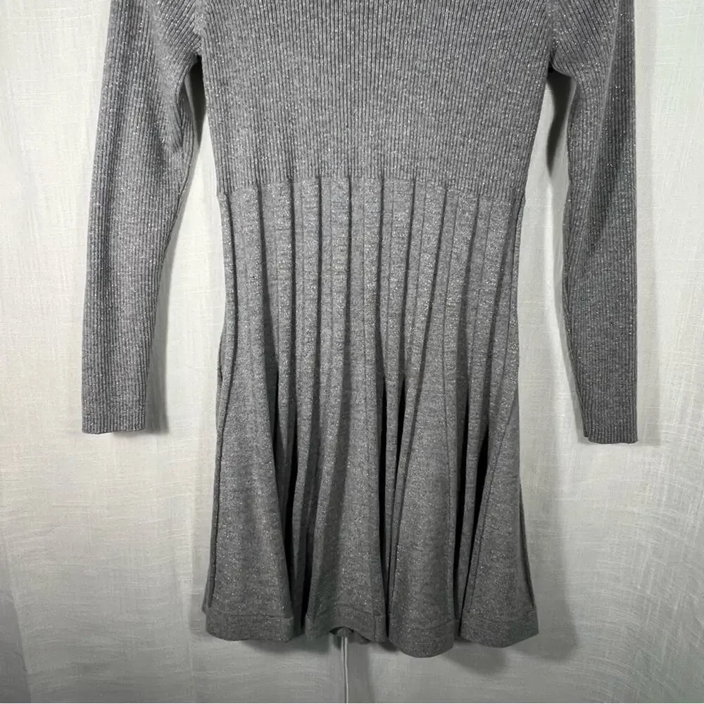 Calvin Klein Grey Cowl Neck Flare Shimmering Metallic Silver Sweater Dress Sz L